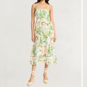 The Good Journey Piping-Trim Postcard Print Midi Dress Size 14 NWT